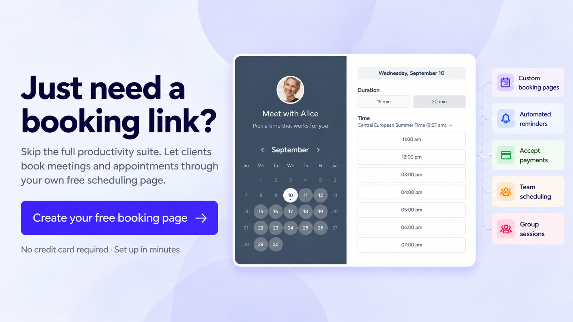 Koalendar booking page with appointment options, reminders and payments for readers comparing Akiflow alternatives.